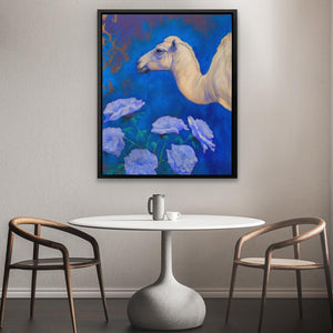 a painting of a white horse on a blue background