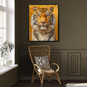 a painting of a tiger on a wall above a chair