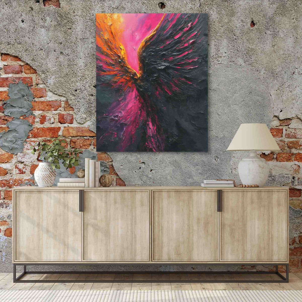 a painting hanging on a wall next to a sideboard