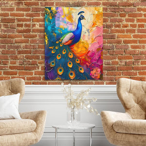 a painting of a peacock on a brick wall