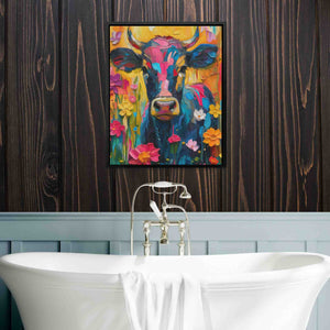 a painting of a cow on a wooden wall above a bathtub
