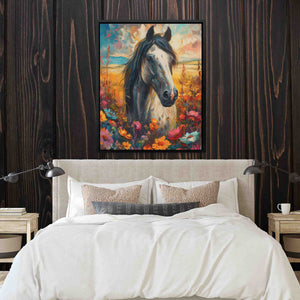 a painting of a horse is hanging above a bed