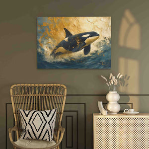 a painting of an orca jumping out of the water