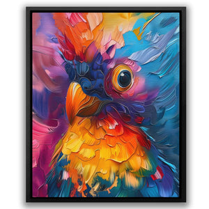 a painting of a colorful bird on a white background