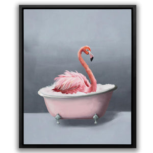 a painting of a pink flamingo in a bathtub