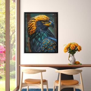 a painting of a bird on a wall above a table