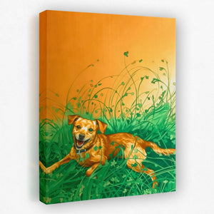 a painting of a dog laying in the grass