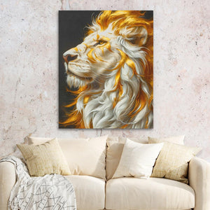 a painting of a lion on a wall above a couch