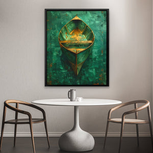 a painting of a green boat on a white table