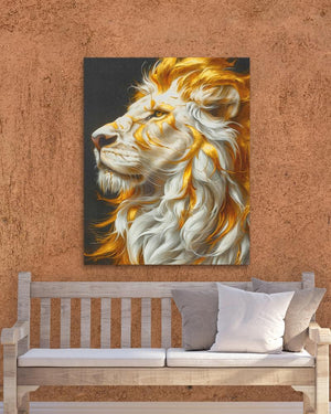 a painting of a white lion on a brown wall