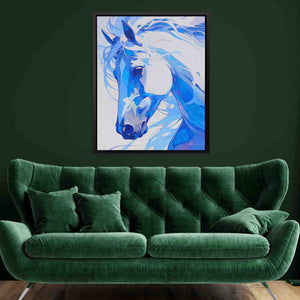 a painting of a blue horse on a green wall