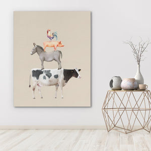 a painting of a cow and a chicken sitting on top of each other