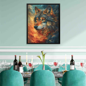 a painting of a wolf on a wall above a dining room table