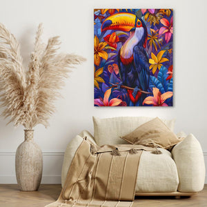 a painting of a toucan on a wall above a couch