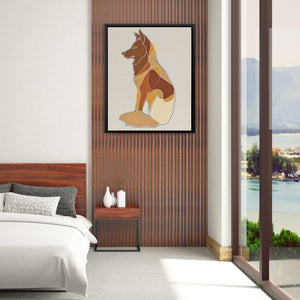 a picture of a dog on a wall above a bed