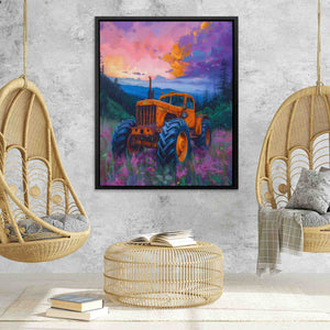 a painting of a tractor is hanging in a room