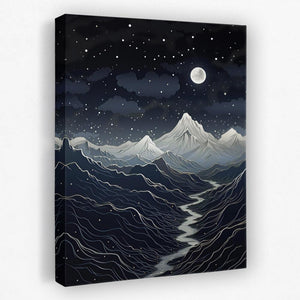 a painting of a mountain range with a moon in the sky