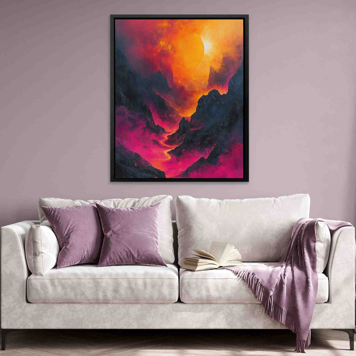 a living room with a couch and a painting on the wall