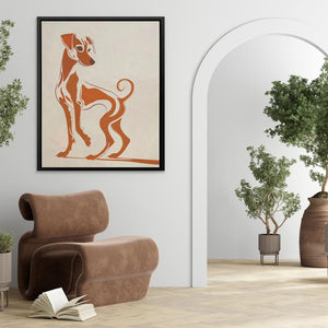 a picture of a dog on a wall in a living room