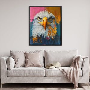 a living room with a couch and a painting of an eagle