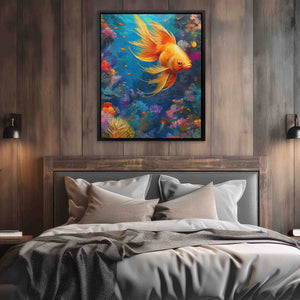 a painting of a goldfish on a wall above a bed