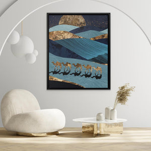 Sahara Stroll: Gold and Blue Desert Camel Art Print - Luxury Wall Art 