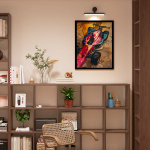 a room with a book shelf and a painting on the wall