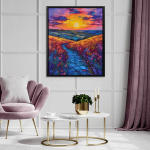 a living room with a painting on the wall