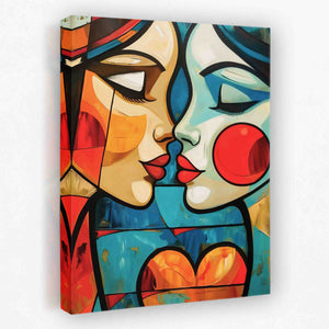 a painting of two women kissing each other