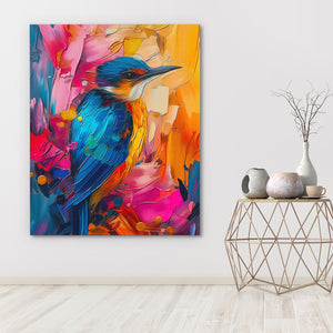 a painting of a colorful bird on a white wall