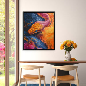 a painting of a snake on a wall above a table