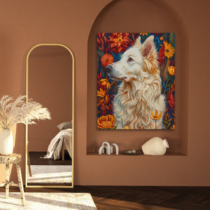 a painting of a dog in a room with a mirror