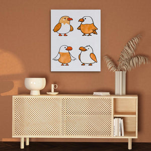 a painting of three penguins on a brown wall