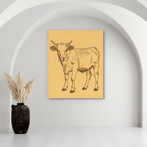 a picture of a cow on a yellow background