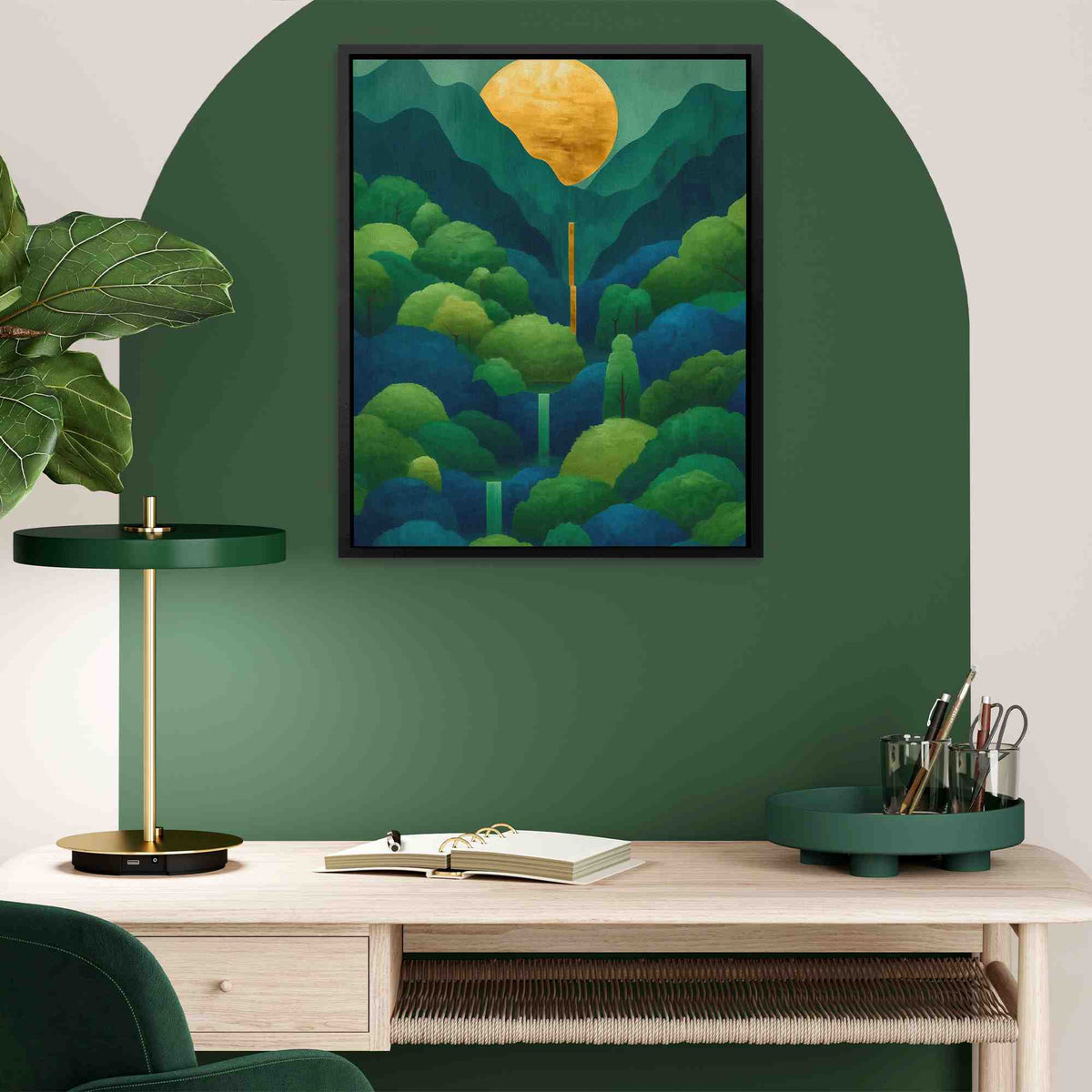 a painting on a wall above a desk