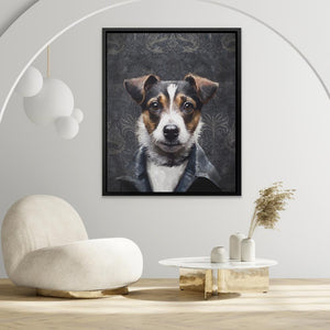 a picture of a dog is hanging on a wall