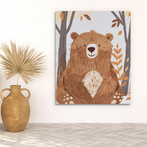 a painting of a brown bear sitting in a forest