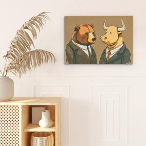 a painting of a bull and a bear wearing suits