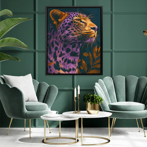 a living room with a leopard painting on the wall