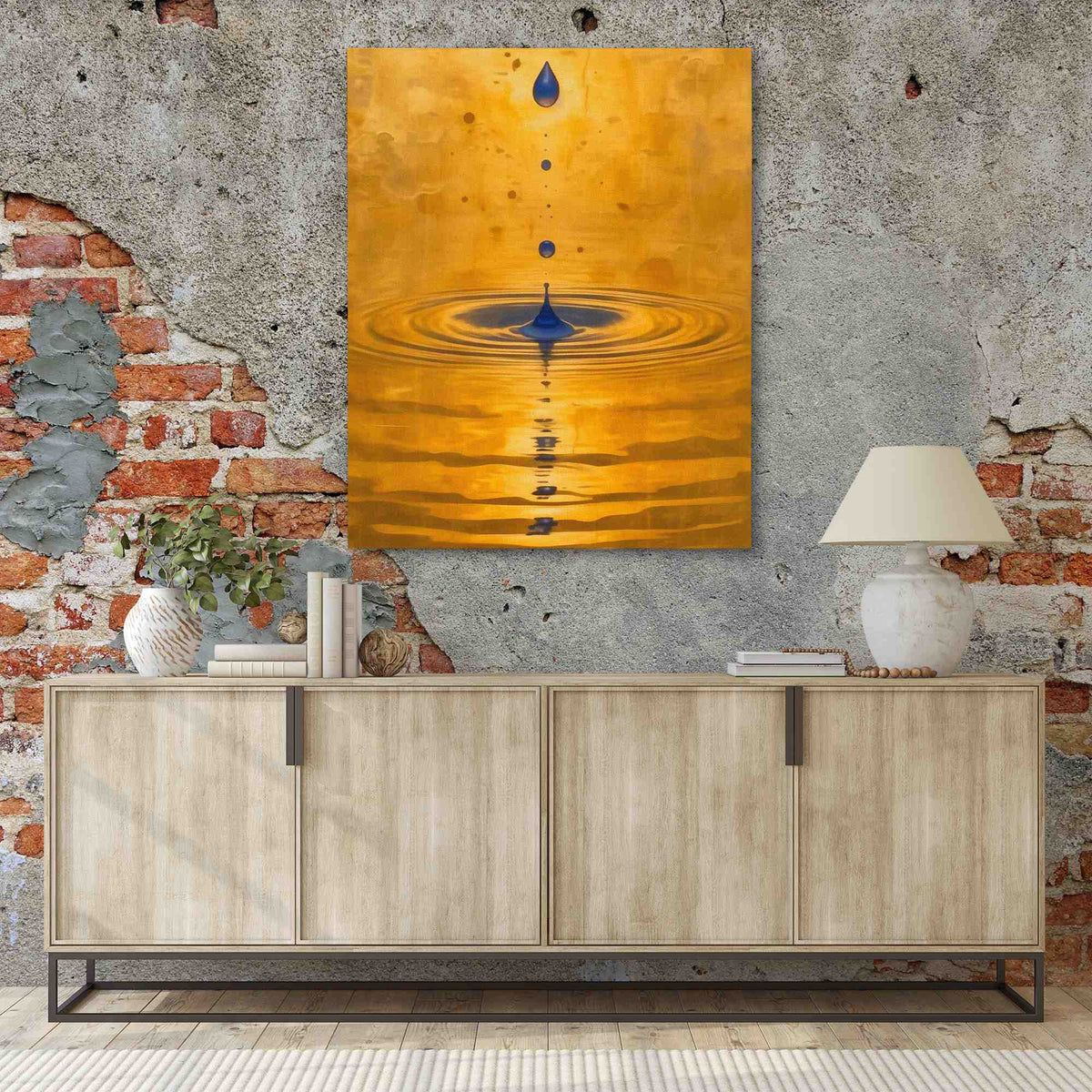 a painting hanging on a wall next to a sideboard