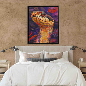 a painting of a snake on a wall above a bed