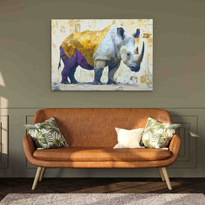 a painting of a rhino on a wall above a couch