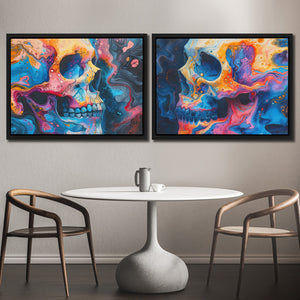 a couple of paintings on a wall above a table