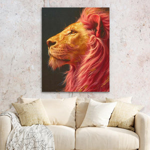 a painting of a lion on a wall above a couch