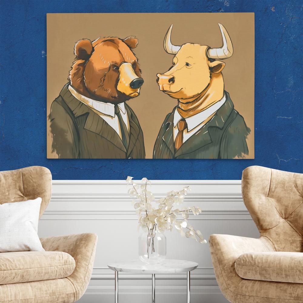 a painting of two bears dressed in suits