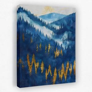 a painting of a mountain covered in trees