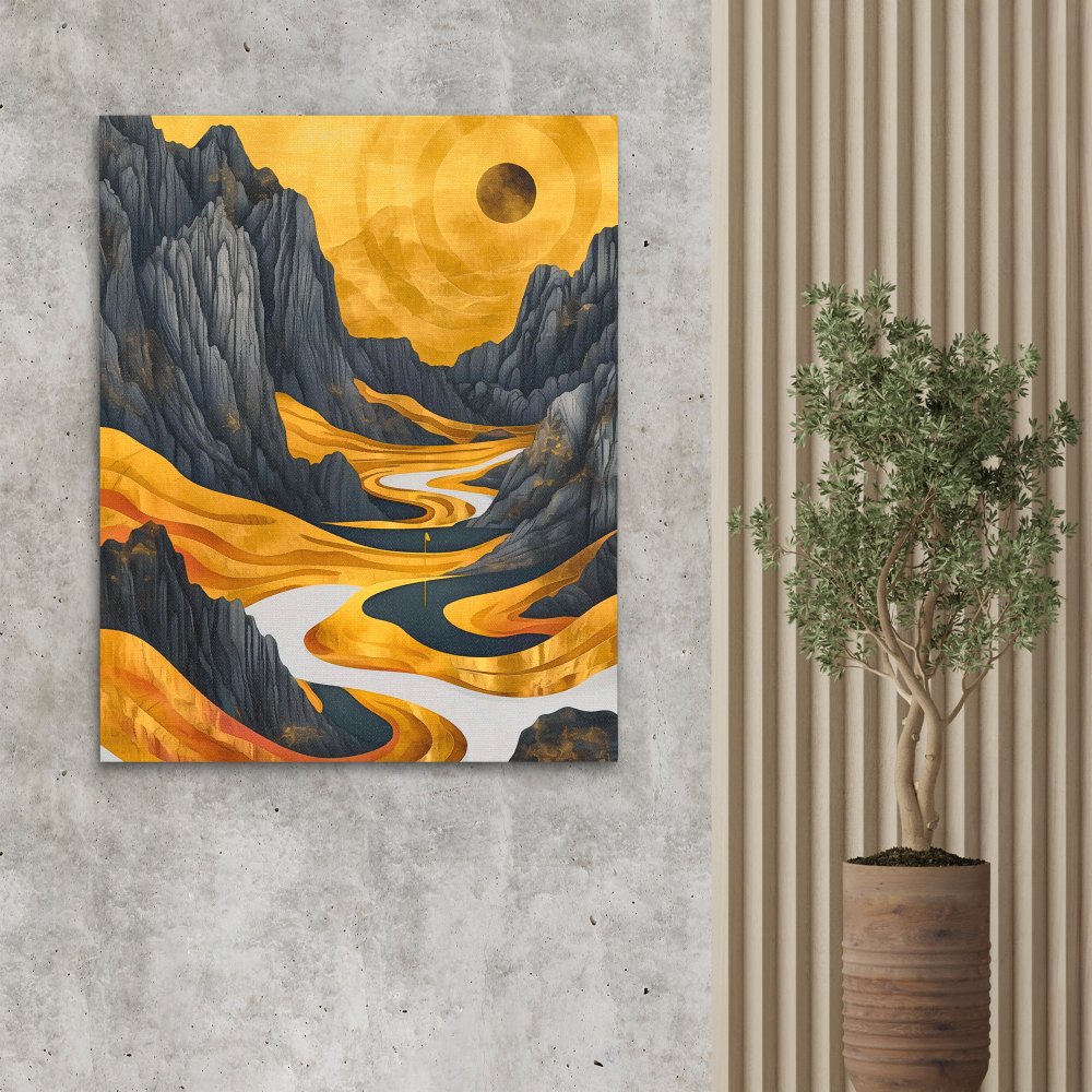 a painting of a mountain landscape with a river running through it