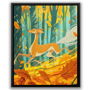 a painting of a horse running through a forest