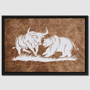 a picture of a bull and a bear on a brown background