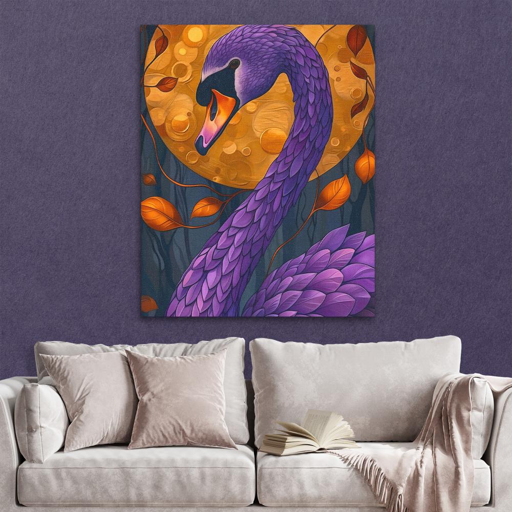 a painting of a purple swan in front of a full moon